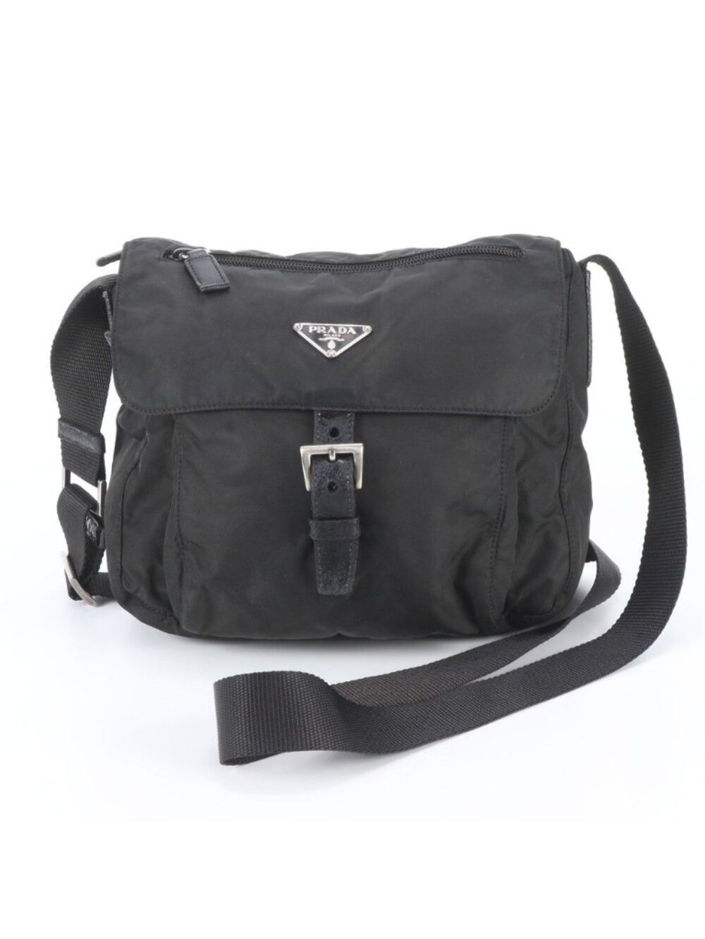Prada Tessuto Nylon Triangle Logo Leather Shoulder Bag Crossbody Messenger Black